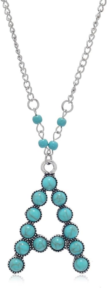 Fuqimanman2020 Boho Western Cowgirl Turquoise Initial Letter Pendant Necklace A-Z Hippie Natural Stone for Women Bohemian Personalized Jewelry