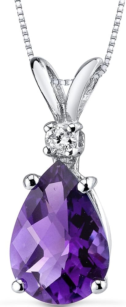 PEORA 14K White Gold Amethyst and Diamond Pendant for Women, Genuine Gemstone Teardrop Solitaire, 1.60 Carats Pear Shape 10x7mm, Real Amethyst Necklace, February Birthstone Necklace, w/Jewelry Box