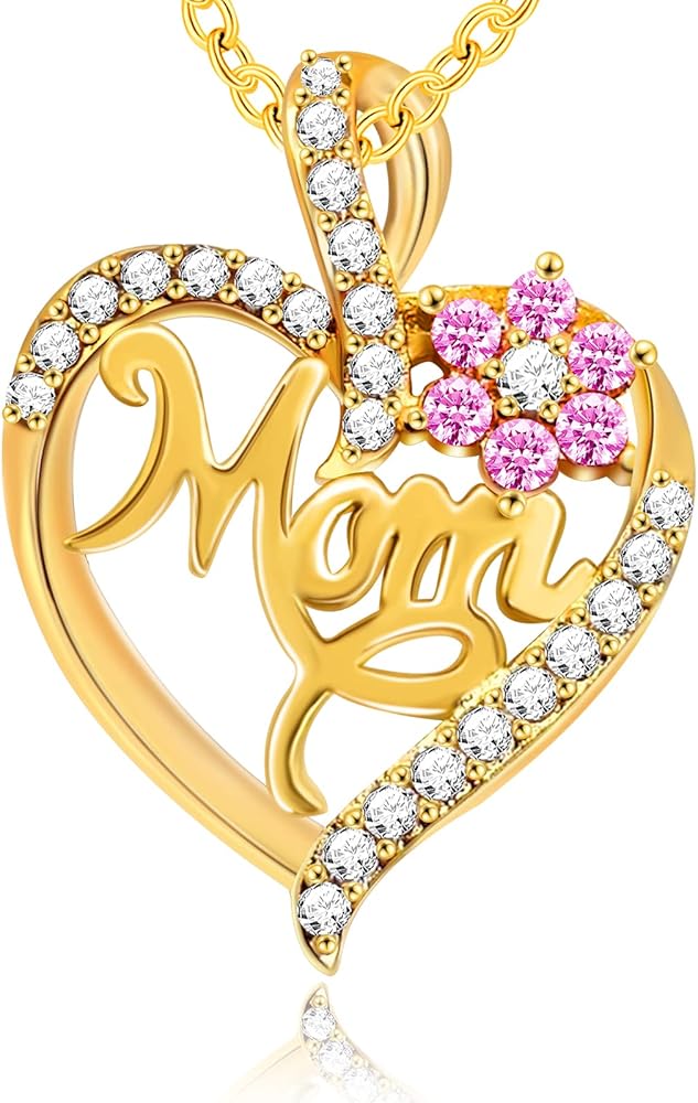 GemJelry Mothers Necklace Gifts for Mom from Daughter Son, I Love You Mom Necklace Heart Pendant Rhinestone Jewelry with Box Birthday Mothers Day Gifts for Women