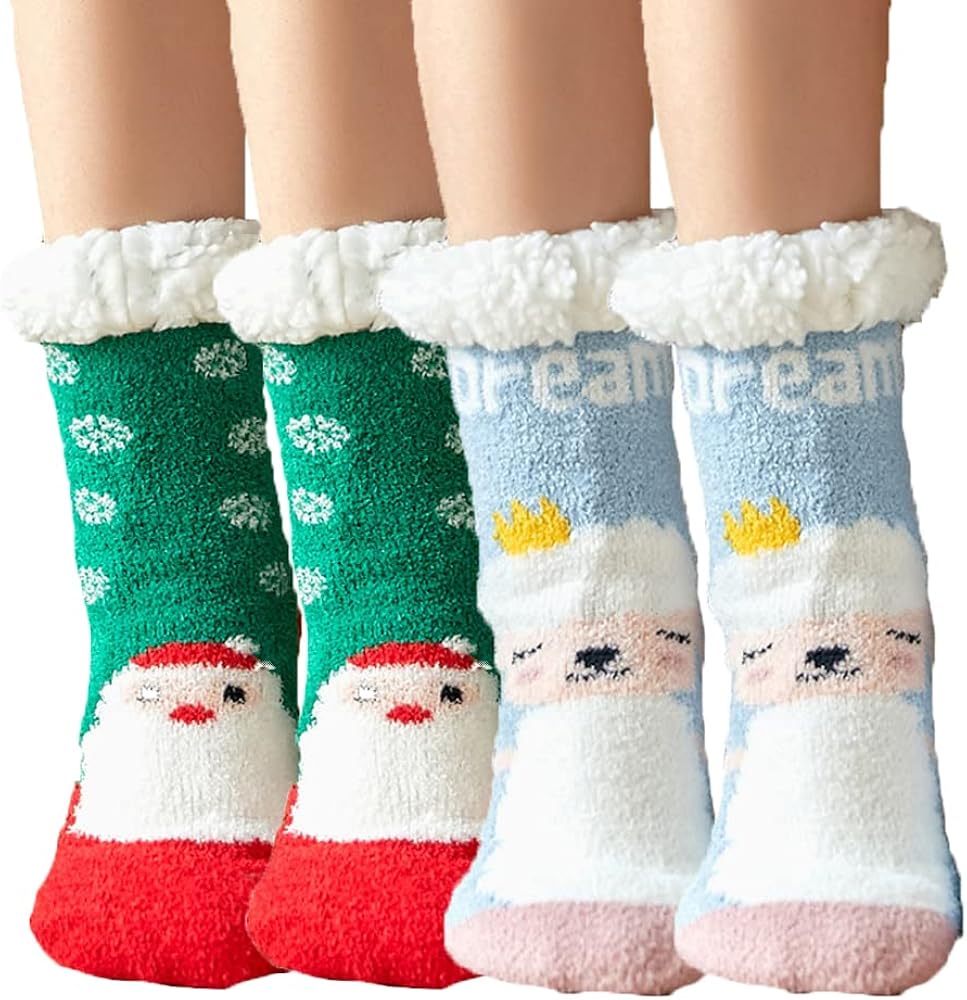 2-Pack Women Slipper Socks Autumn Winter Thick Warm Sleep Socks Foot Socks With Velvet Comfortable Non-slip Socks (L 6-8.5, 2 Pairs Color 1)
