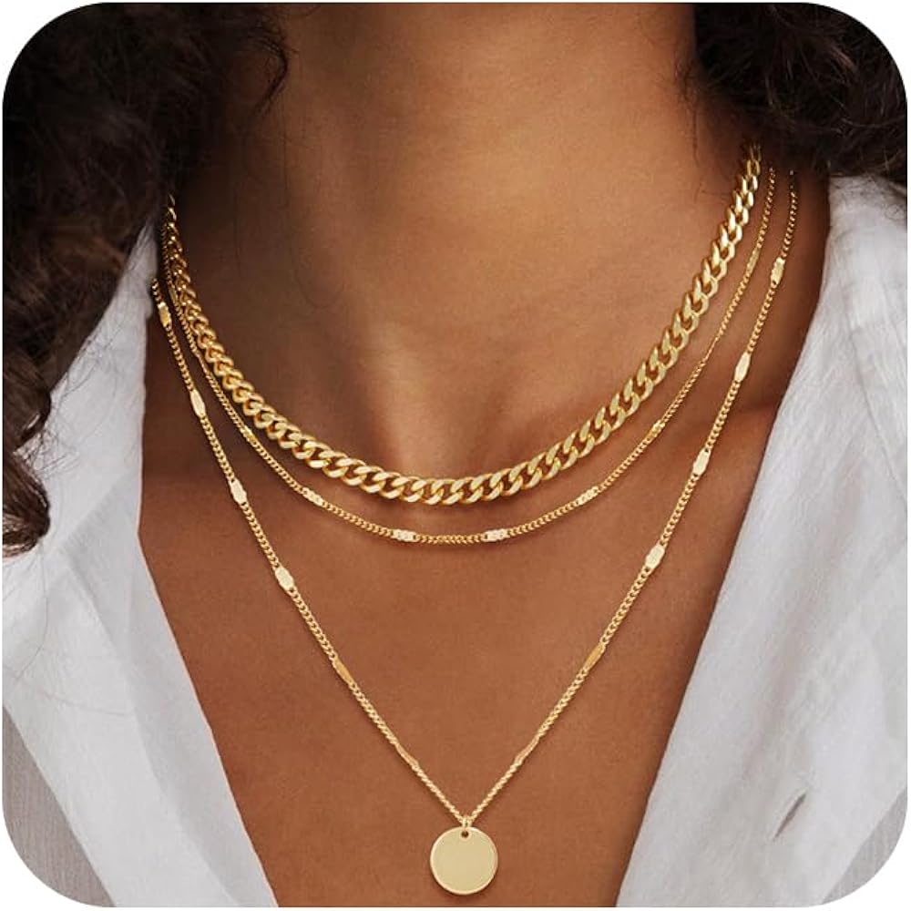 Gold/Silver Necklaces Stack For Women,14K Gold/Sterling Silver Plated Simple Layered Choker Necklaces For Women,Stackable Multilayer Pearl Cross Disc Circle Pendant Cuban Herringbone Snake Paperclip Chain Necklaces Set Jewelry Gift for Women