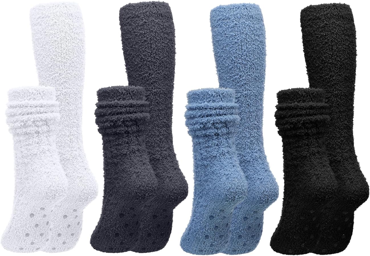 Foaincore 4 Pairs Fluffy Slouchy Socks Non Slip Fuzzy Socks Fuzzy Slipper Socks For Women Girls Christmas Winter Hospital