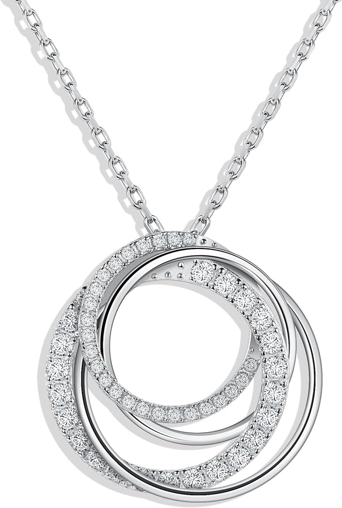 Ladylike Moissanite Interlocking Circle Pendant Necklace for Women 925 Sterling Silver Chain Lab Created 4 Generations Necklace for Christmas Day