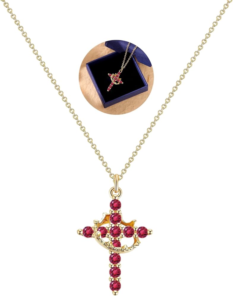 Birthstone Cross Necklace with Crown Cross with Crown Necklace for Women Dainty Cross Necklace for Women with Box Diamond Cross and Crown Necklace for Women Trendy