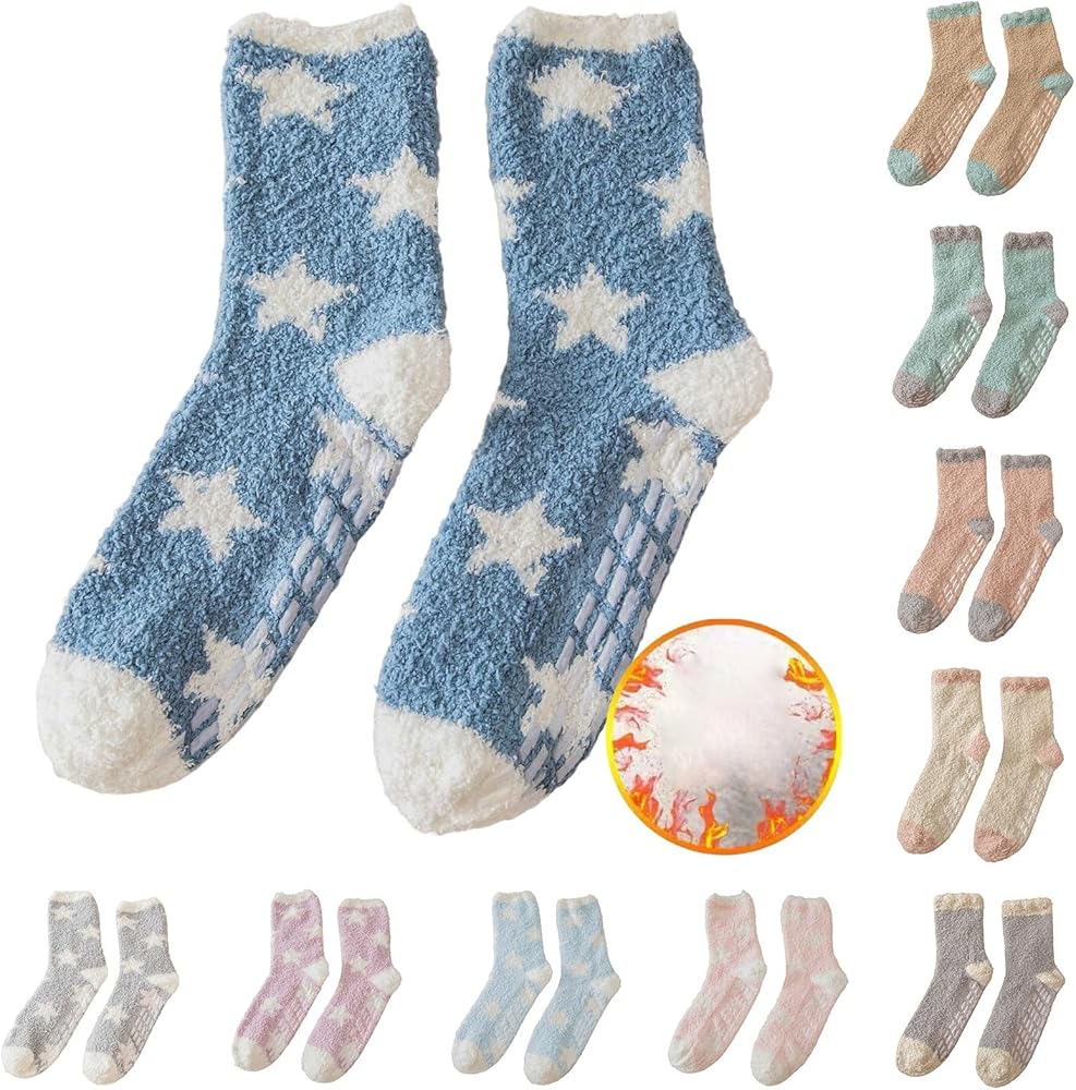 Star Prints Fuzzy Socks Warm Winter Slipper Fluffy Sleep Cozy Comfy Socks Plush Non Slip Socks for Mens