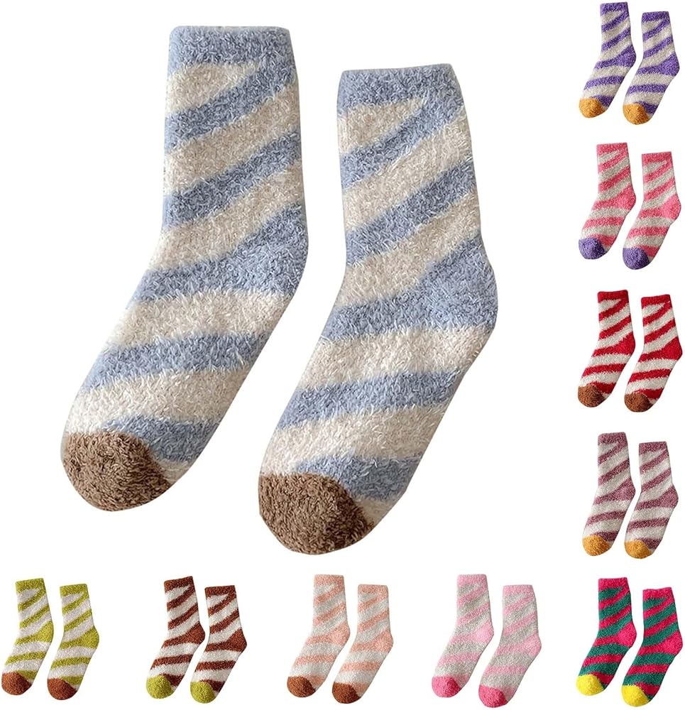 Womens Christmas Fuzzy Socks Winter Fleece Warm Cozy Plush Slipper Socks Home Sock Xmas Fashion Striped Sleep Socks