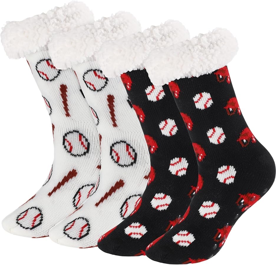 Foaincore 2 Pairs Baseball Fuzzy Socks Softball Slipper Socks Christmas Non Slip Socks Winter Fleece Lined Cozy Thick Thermal Christmas Socks for Women Men Gift Indoor
