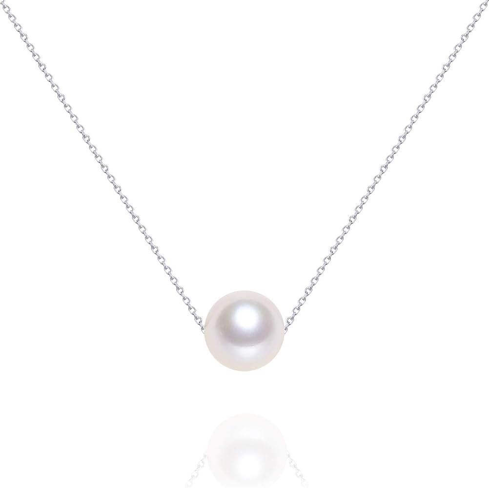 Jewelry Gifts for Women AAAA Single Floating Pearl Necklace Sterling Silver Freshwater Cultured Pearl Pendant Necklace 16", 17.5"