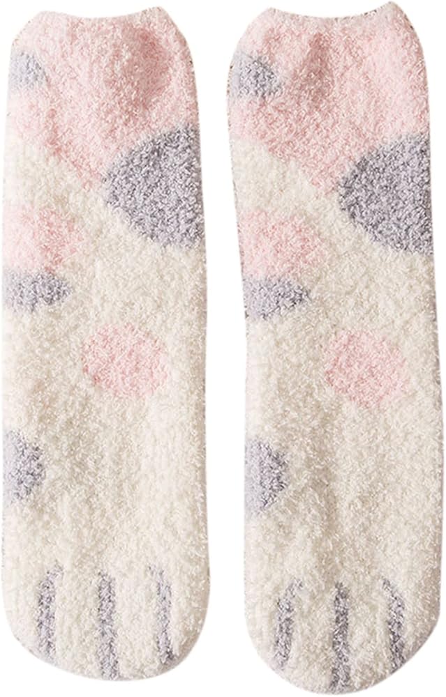 Women's Cartoon Cat Paw Print Fuzzy Socks Casual Cozy Fluffy Socks Winter Slipper Socks for Girls Sleep Socks