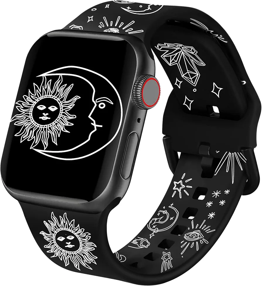 ACESTAR Double Sided Band Compatible with Apple Watch Smartwatch Bands 38mm 40mm 41mm/42mm(Series 10), Cute Soft Silicone Replacement for iWatch Series 10 9 8 7 6 5 4 3 2 1 SE, Black Vintage Sun Moon