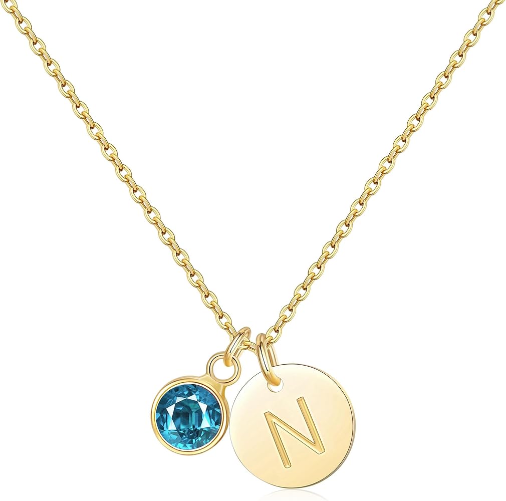 RLMOON Initial Birthstone Necklace for Women Gold Initial Necklace 14K Gold Plated Dainty Letter Necklace A-Z Pendant CZ Birthstone Personalized Jewelry Birthday Gift