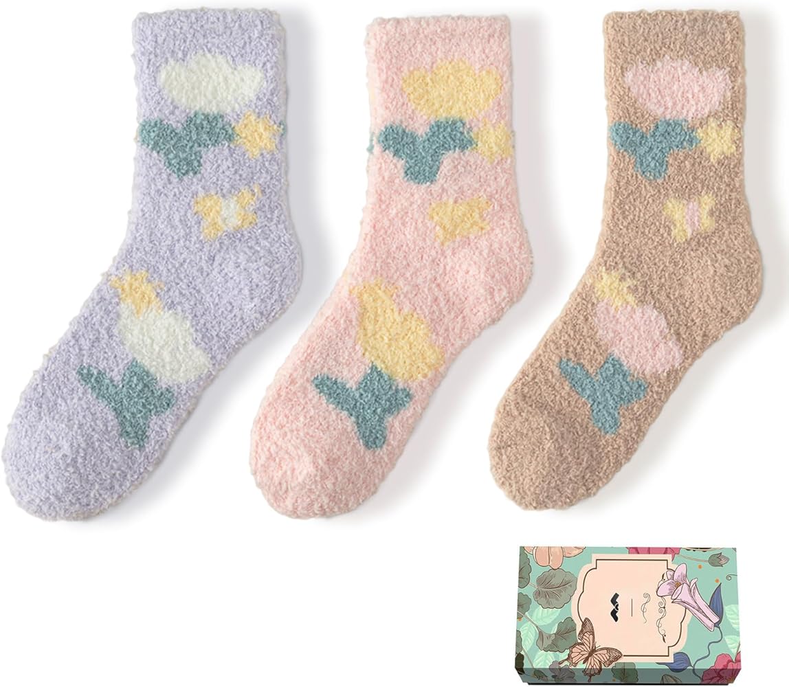 Fuzzy Slipper Socks Warm & Cozy for Winter Fluffy Super Soft Sleep Socks for Women/Men 3 Pairs