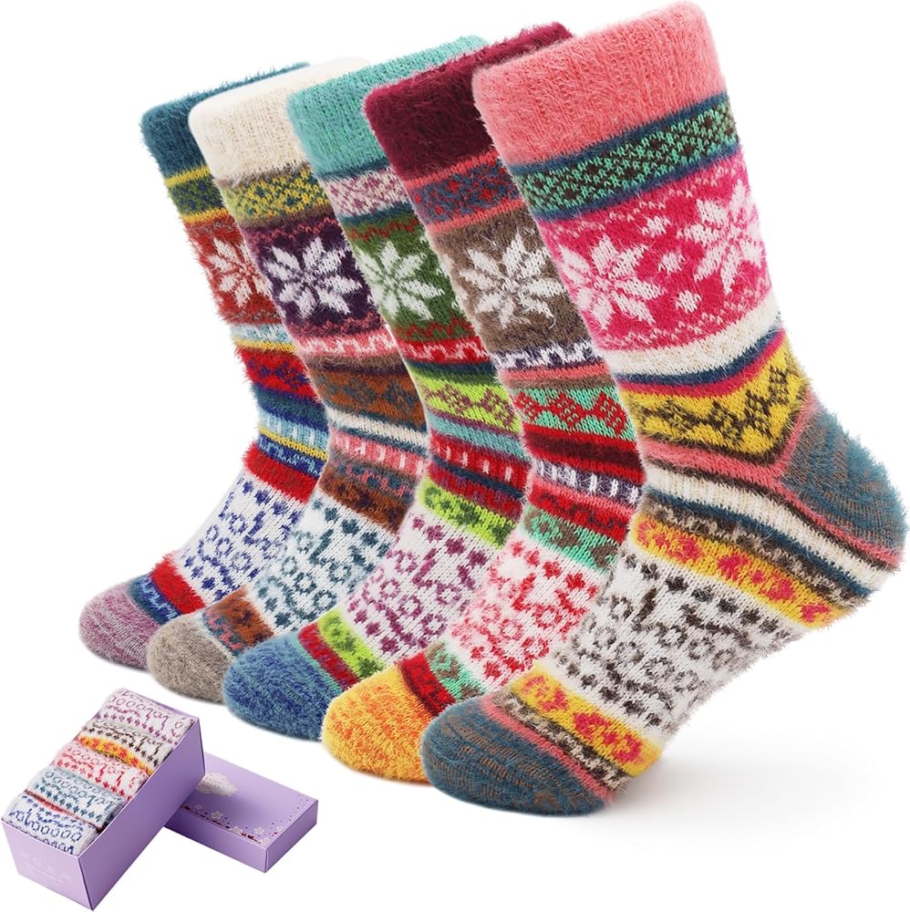 ICEIVY Socks Women, Soft Knit Wool Winter Thick Warm Cabin Fuzzy Crew Women Socks 5 Pack