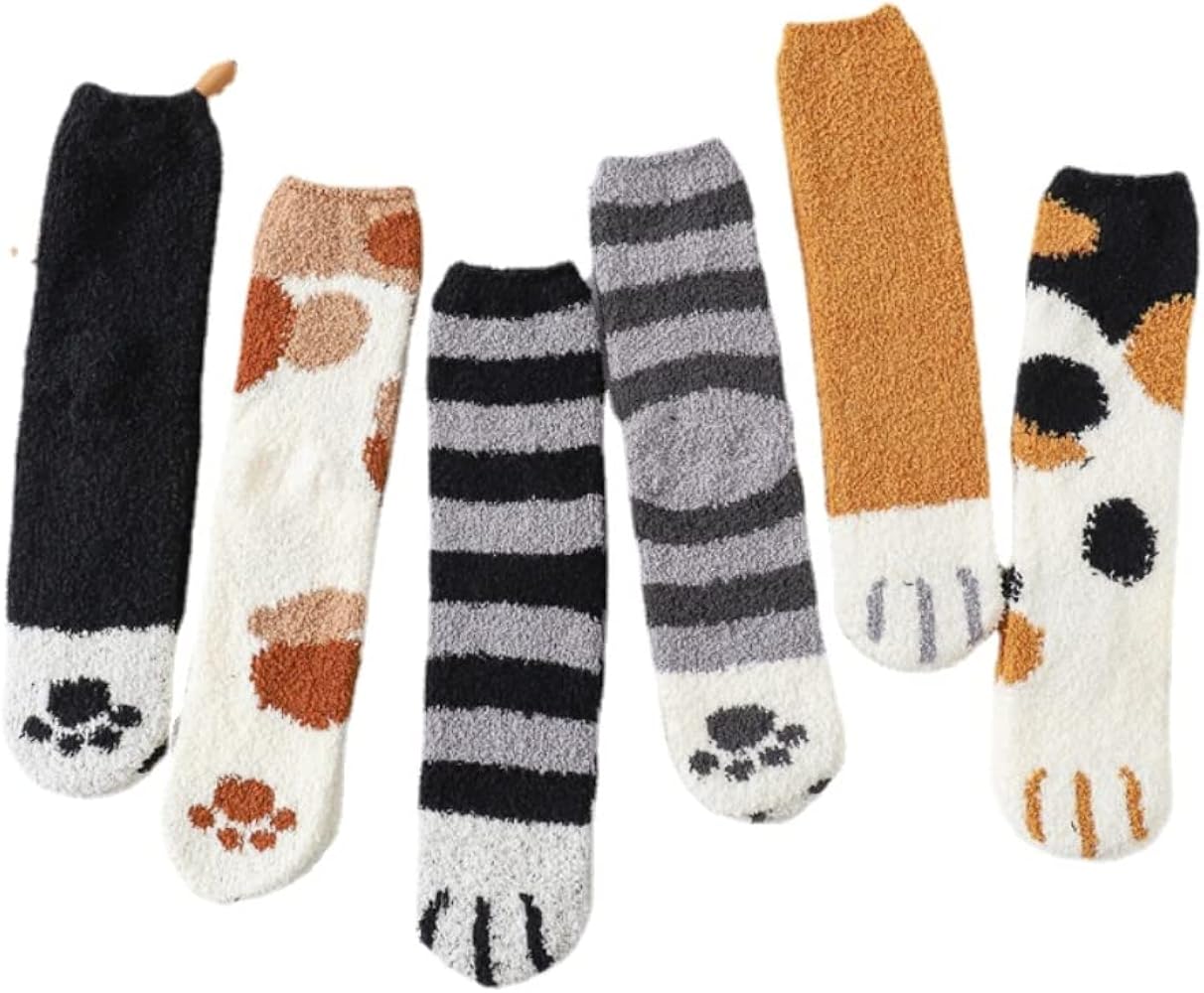 NIGEIYEME 6 Pairs Womens Cute Cat Paw Slipper Socks Fuzzy Winter Warm Soft Cozy Fluffy Microfiber House Sleeping Socks