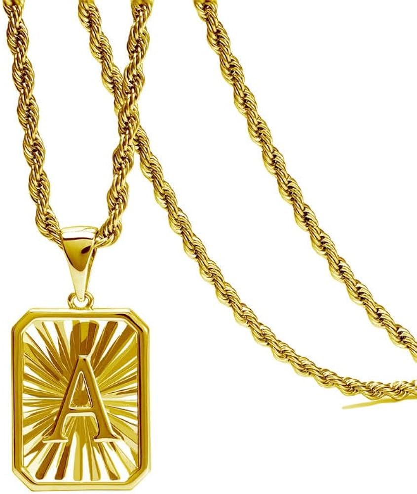 Initial Letter Pendant Necklace for Men Women Black/Silver / 18K Gold Plated Rope Chain Necklace 20 Inches Initial Necklaces for Men
