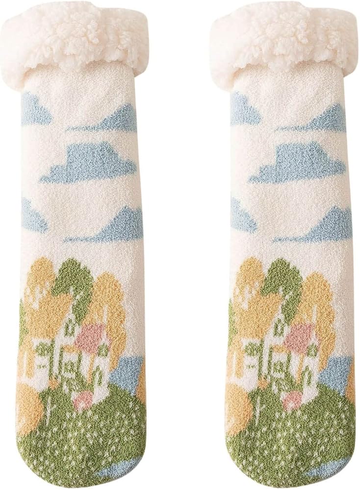 Women Winter Printing Velvet Thickened Coral Velvet Floor Cotton Socks Sleep Towel Socks Extra Wide Socks for