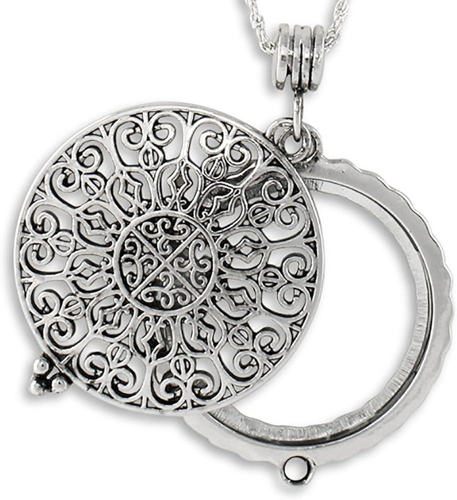 Artisan Owl Ornate Filigree 4X Magnifier Magnifying Glass Sliding Top Magnet Pendant Necklace, 30"