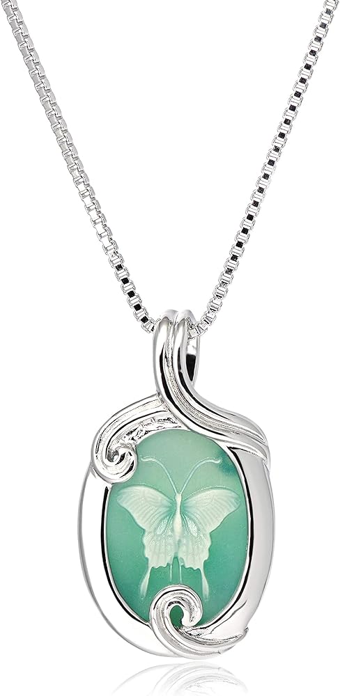 MORGAN & PAIGE .925 Sterling Silver Rhodium Plated Virgin Mary Necklace Genuine Blue Agate & Diamond or Butterfly Necklace Genuine Green Agate - Cameo Necklace for Women Sterling Silver Jewelry 18"