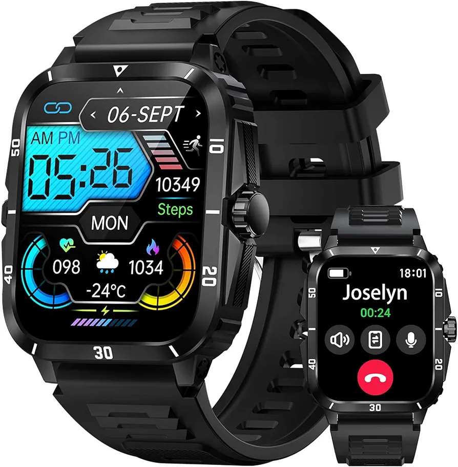 JELLOO 3ATM Waterproof Military Smart Watches for Men(Dial/Answer Calls), 1.96'' Outdoor Sports Smartwatch, Fitness Tracker Watch, Heart Rate, Sleep Monitor, Compatible with Android iOS Phones