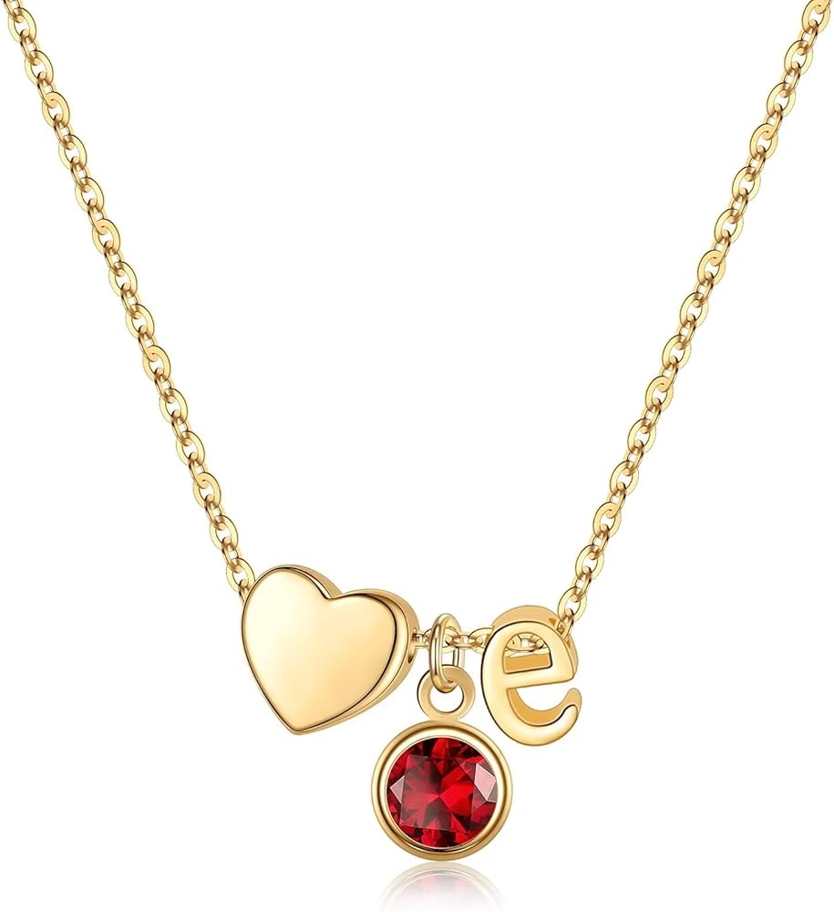 Ursilver Initial Birthstone Necklace for Women Teen Girls, Dainty 14K Gold Plated Heart Initial Birthstone Pendant Necklace Birthstone Necklace Birthday Gifts for Women Teen Girls Jewelry Gifts