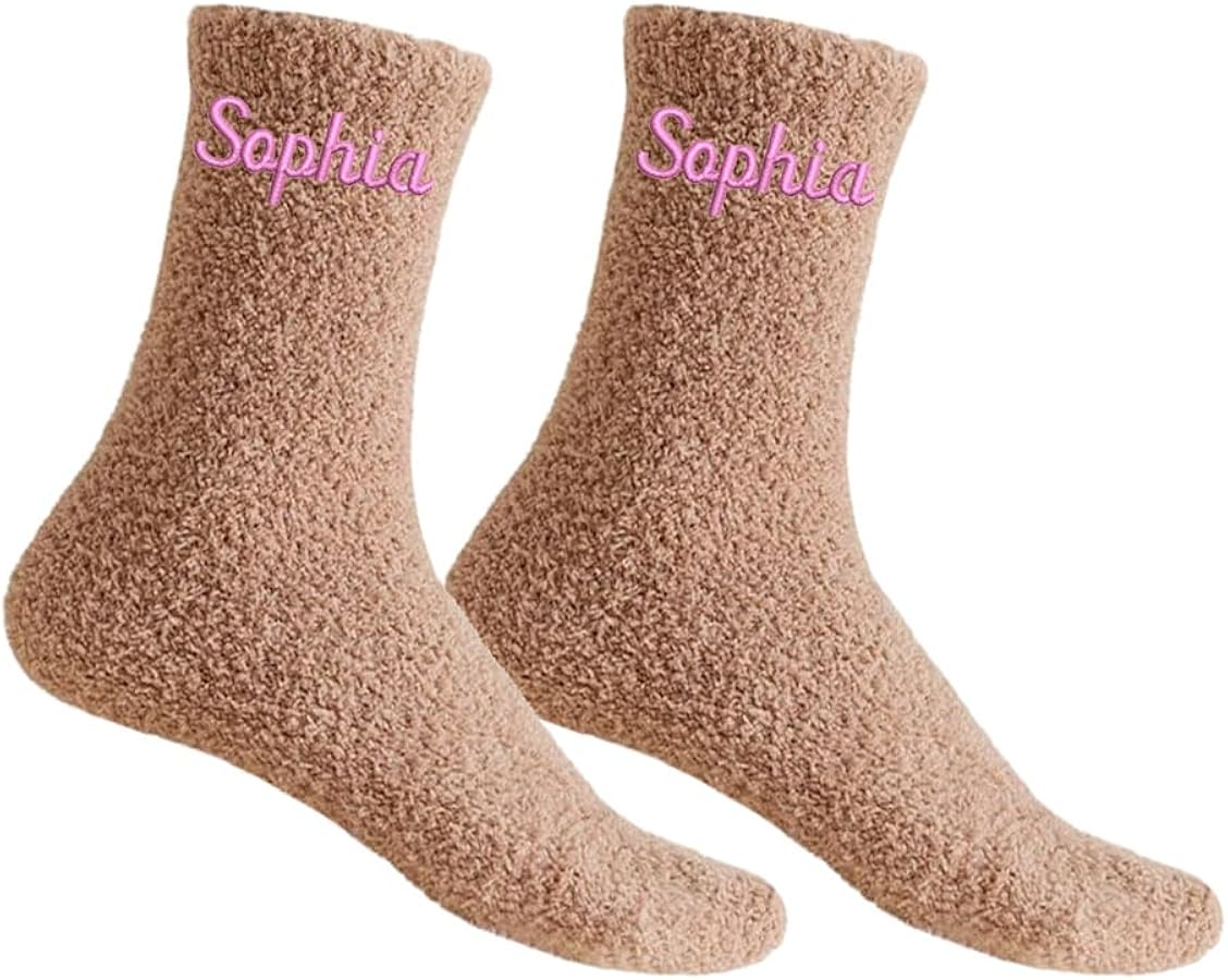Custom Embroidery Fuzzy Socks with Your Name/Text,Personalized Cozy Fluffy Slipper Plush Socks for Men Women