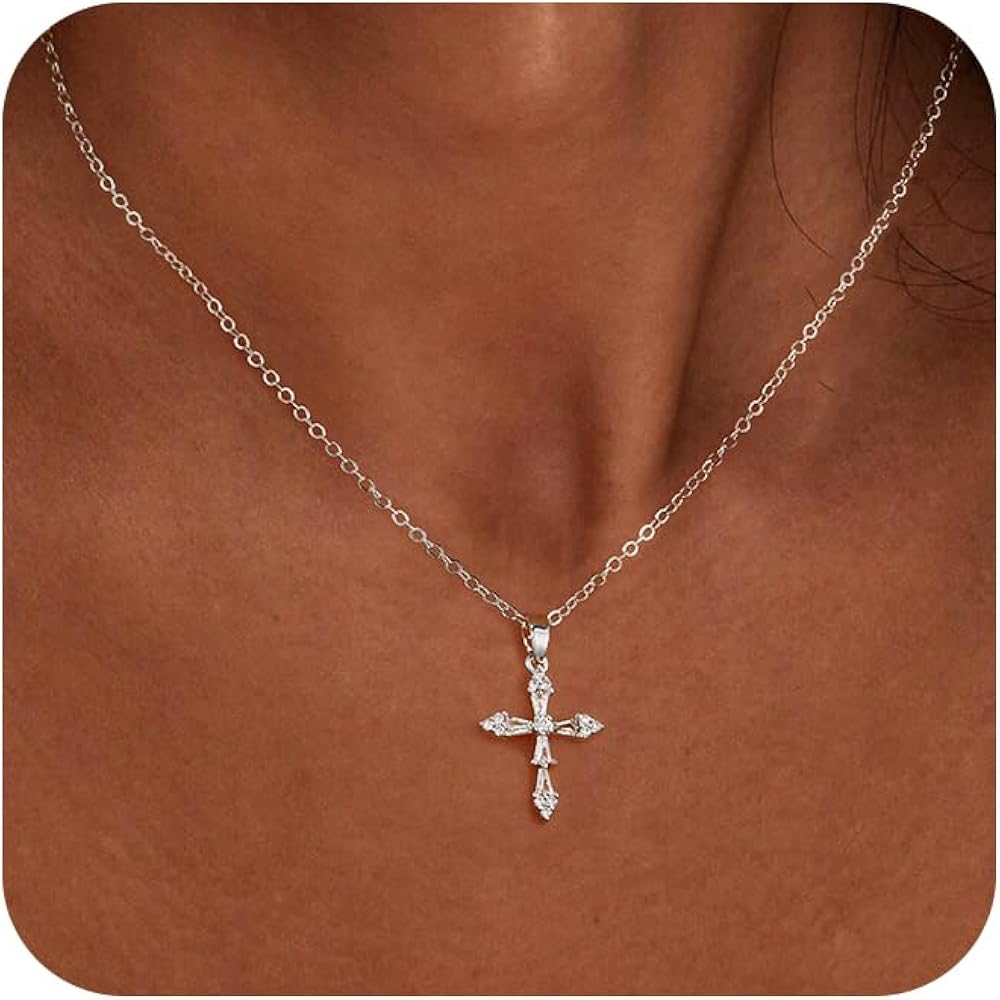 ASCOMY Cross Necklace for Women 14K Gold & Silver Plated Cross Necklace Trendy Cross Pendant Necklace Cubic Zirconia Cross Box Chain Pearl Beads Link Choker Minimalist Daily Jewelry Gift for Women
