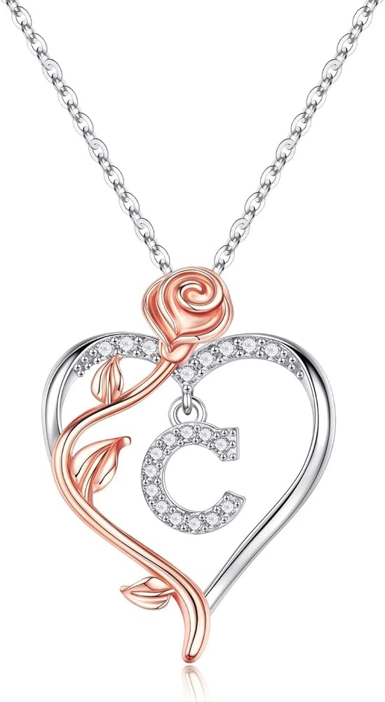Yesteel Rose Heart Initial Necklaces Gifts for Women Teen Girls, Rose Love Heart Letter Pendant Necklace Jewelry Mothers Day Valentines Anniversary Birthday Gifts for Her Women Wife Girlfriend Mom