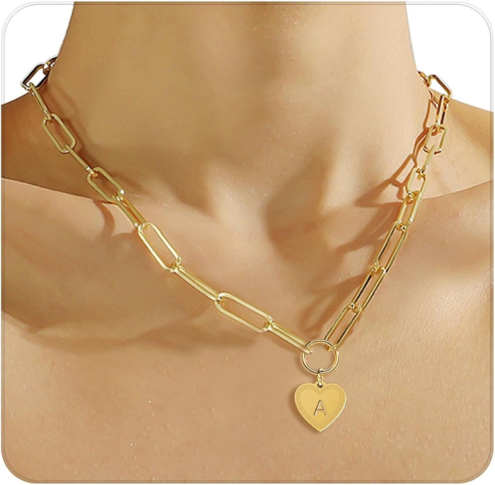 Initial Necklaces for Women 14K Gold Plated Heart Necklace Paperclip Gold Chain Personalized A-Z Alphabet Pendant Necklace Dainty Gold Name Necklace Women's Gold Heart Necklace