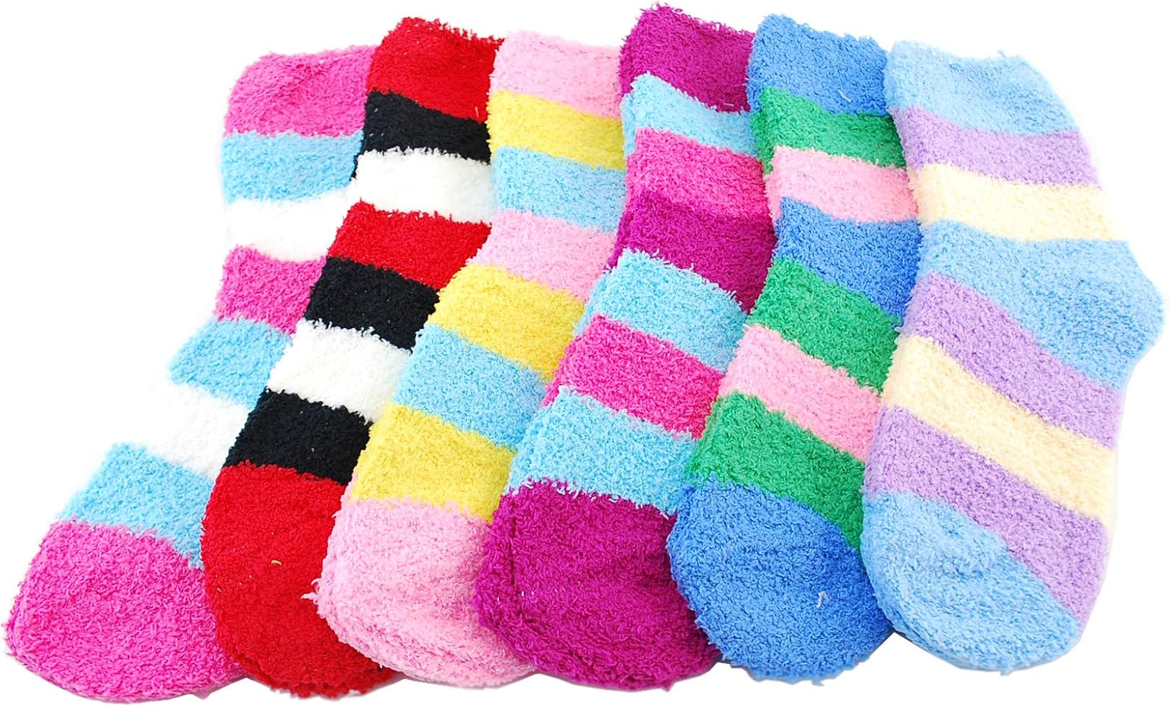 6 Pack of Fluffy Fuzzy Socks Two Color Wide Stripe