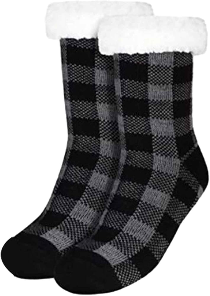 Christmas Socks Women Buffalo Plaid Cozy Fluffy Winter Cabin Slipper Warm Fleece Soft Sleeping Socks