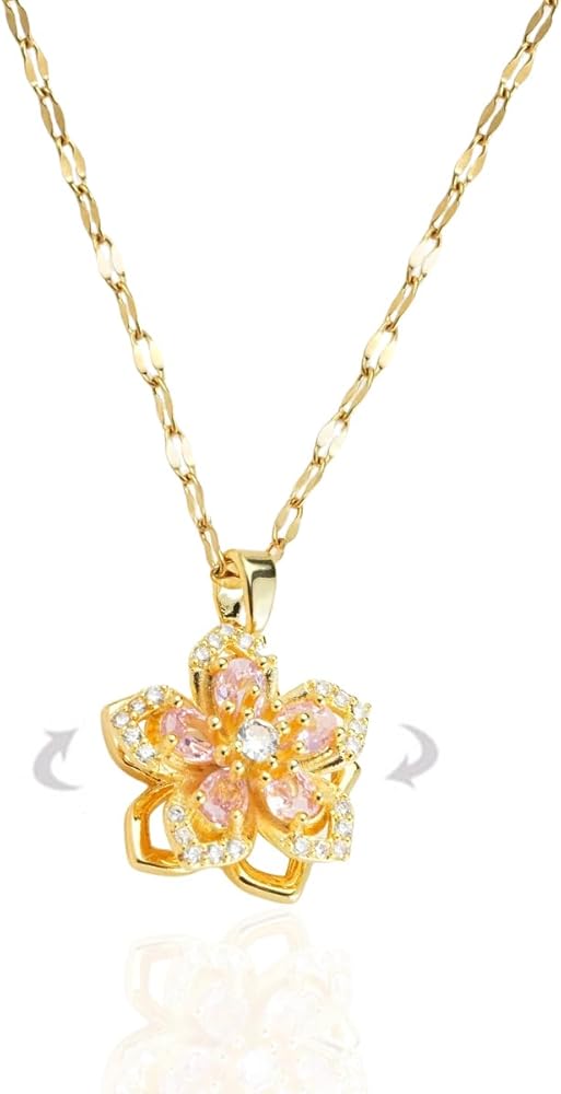 Rotatable Crystal Flower Pendant Necklace for Women Rhinestone Charm Pendant Floral Design Link Chain Necklaces Trendy Exquisite Matching Jewelry
