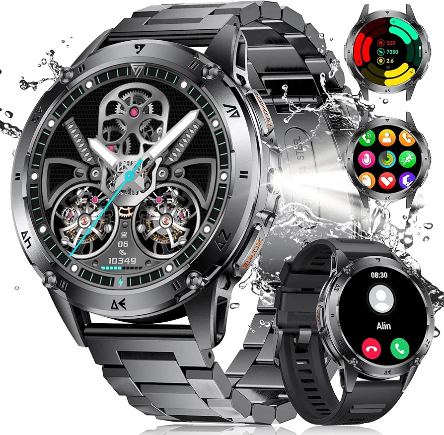 Military Smart Watches for Men ,530mAh Large Battery,1.43"AMOLED Heart Rate/SpO2/Sleep Monitor 5ATM Waterproof Smartwatch for Android iOS (Answer/Make Calls),Fitness Tracker with LED Flashlight