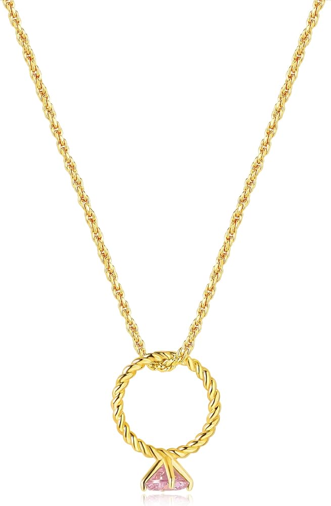 Birthstone Gold Necklace for Women 18K Gold Plated Cubic Zirconia Ring Pendant, Thin Gold Chain Ring Necklaces for Women Dainty Jewelry