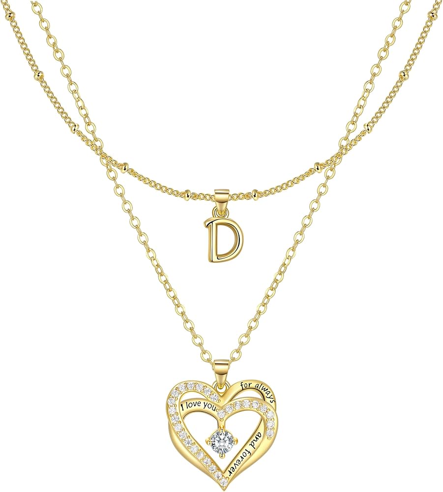 Layered Heart Necklaces for Women, 14k Gold Plated Layering Cubic Zirconia Heart Pendant Initial A-Z Choker Necklaces, Adjustable Chain Necklaces Jewelry Gift for Women Wife Mom