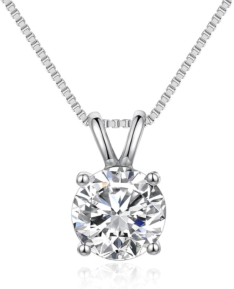 925 Sterling Silver Dainty Necklace for Women, 18K Gold Plated Round Brilliant Cut Solitaire Pendant Necklace for Women Girls, Classic 4 Prong 20''Dainty Chain Necklace 8mm/2carat