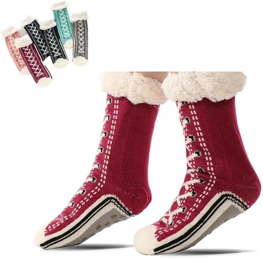 Thickened Cashmere Socks Household Socks Ladies Non-slip Slipper Socks Keep Warm(Claret)