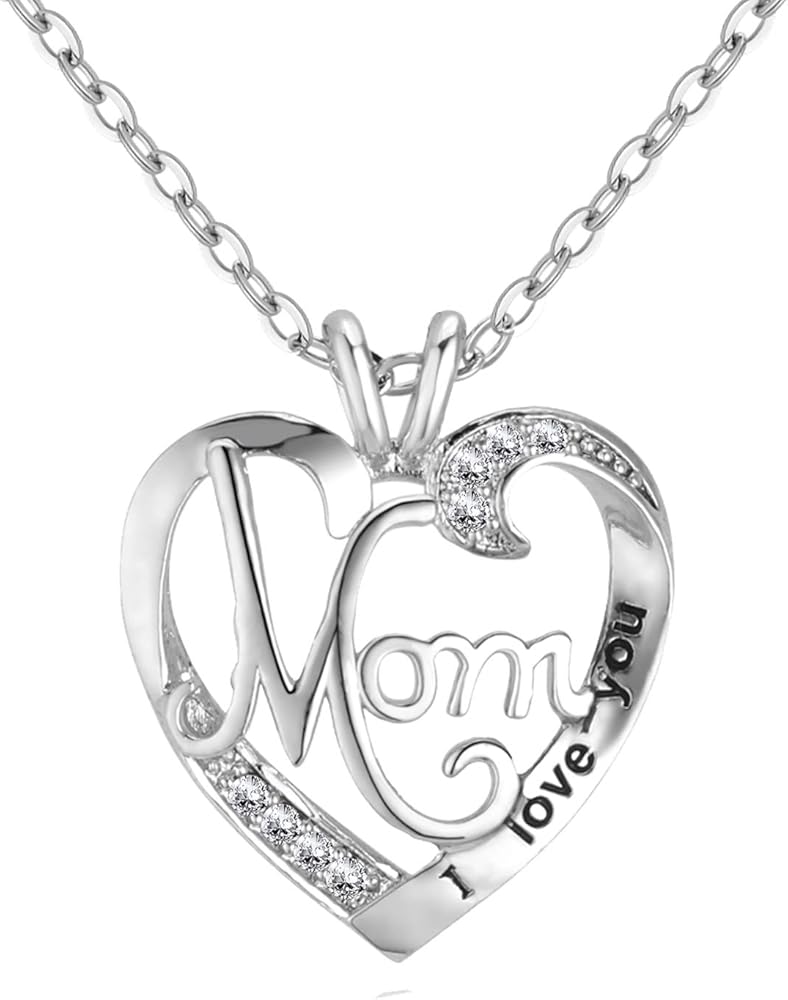 UEUC I LOVE YOU Mom Birth Stones Necklace, Silver Love Heart Pendant Necklace for Mom, Necklace Gift for Mother with 18''+2'' Chain