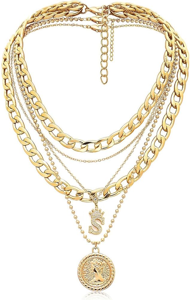 MJartoria Gold Layered Necklaces for Women Trendy Retro Coin Crown Letter Pendant Necklace Dainty Chunky Chain Choker Necklaces for Jewelry Birthday Gifts