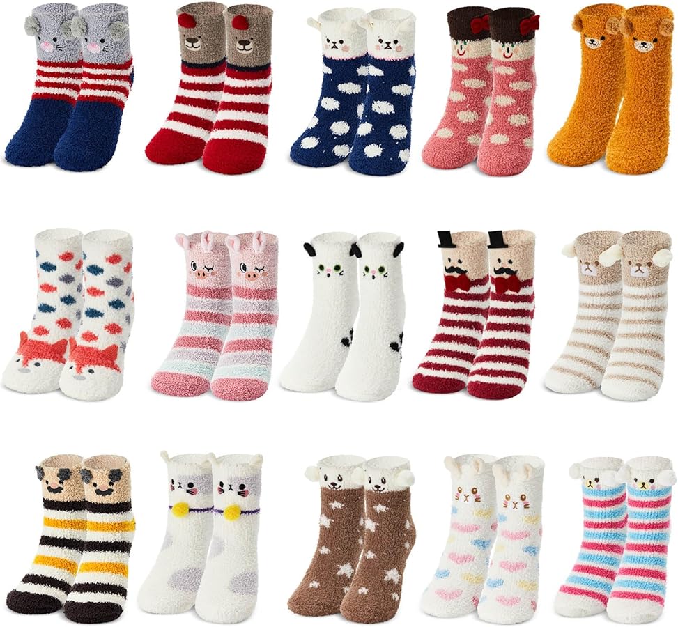 Hercicy 15 Pairs Women Fuzzy Socks Soft Striped Animal Fluffy Sleeping Sock Winter Warm Cute Coral Fleece Cozy Slipper Socks