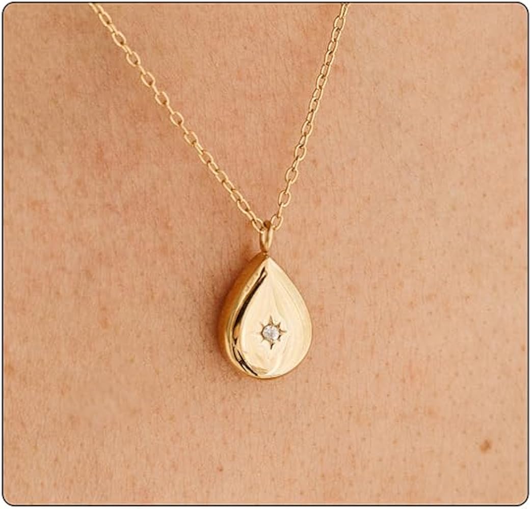Gold Waterdrop Square Geometric Necklaces for Women, Trendy Simple CZ Star Pendant Titanium Steel Retro Necklace for Teen Girls Jewelry Gifts
