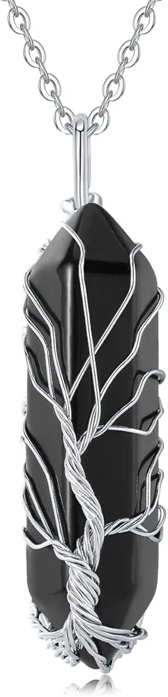 XIANNVXI Tree of Life Wire Wrapped Crystal Point Pendant Necklace Reiki Healing Crystal Stone Black Agate Necklaces Natural Hexagonal Gemstone Quartz Jewelry for Women