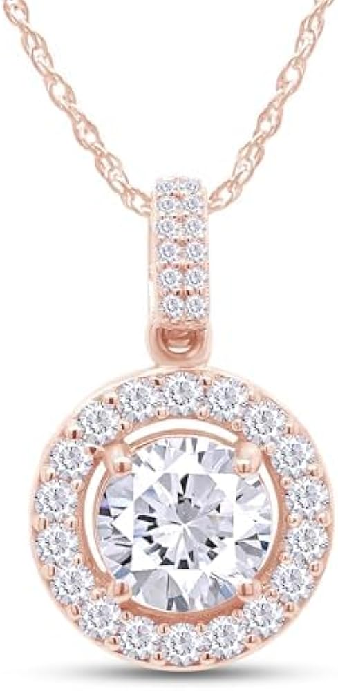 SAVEARTH DIAMONDS 14K Gold Over Sterling Silver Center 6.5MM Moissanite Diamond Pendant Necklace for Her | Solitaire Pendant Necklace | Moissanite Diamond Halo Necklace for Women (1.30 Cttw)