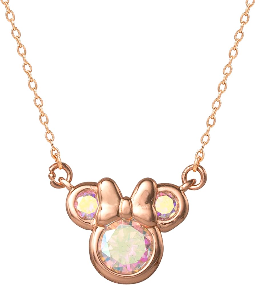 Disney Minnie Mouse Necklace for Women 18", 18k Yellow or Pink Gold Flash-Plated Cubic Zirconia Necklace Official License