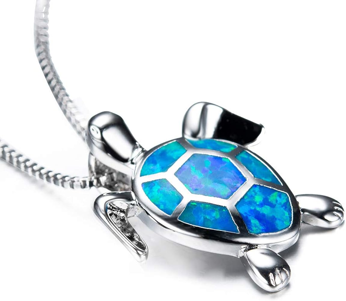 MILACOLATO Sea Turtle Pendant Necklace 18K White Gold Plated Sterling Silver Box Chain with Created-Opal Sea Turtle Charms Pendant Cute Animal Jewelry Birthday Gifts for Women Mom Health and Longevity