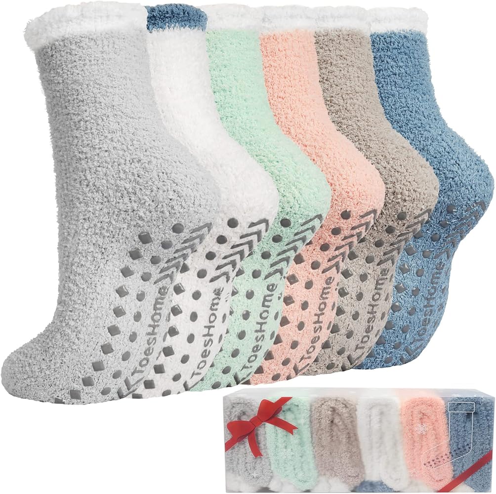 Fuzzy Slipper Socks for Women Thick Winter Fluffy Socks Womens Cozy Warm Plush Hospital Socks Non Slip 5/6 Pairs