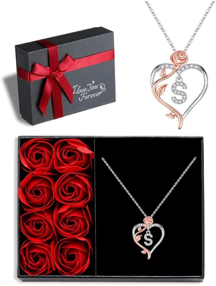 Iefil Christmas Gifts for Women Wife - 925 Sterling Silver Rose Heart Initial Necklace, Anniversary Birthday Gifts for Women, Jewelry Gifts for Women Wife Girlfriend Mom Her