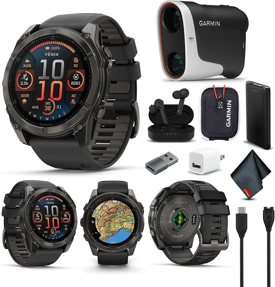 Garmin Fenix 8 51MM AMOLED Sapphire Multisport GPS Smartwatch Carbon Gray DLC Titanium with Black Gray Silicone Band, Health & Fitness Smart Watch Bundle with Approach Z30 Golf Laser Range Finder