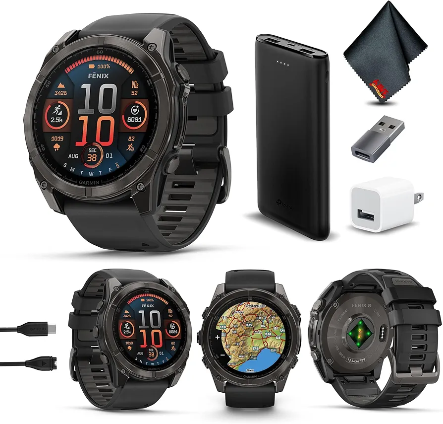 Garmin Fenix 8 51MM AMOLED Sapphire Multisport GPS Smartwatch Carbon Gray DLC Titanium with Black Gray Silicone Band, Built-in LED Flashlight, Health & Fitness Smart Watch Bundle for Men & Women