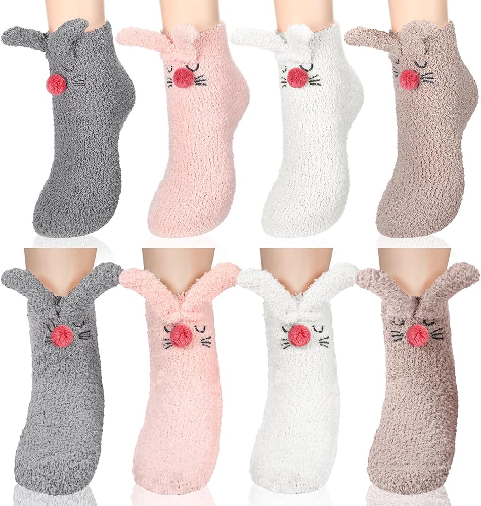 Foaincore 4 Pairs Bunny Slipper Socks Easter Fuzzy Socks Soft Warm Animal Winter Socks Cute Warm Sleeping Socks for Women