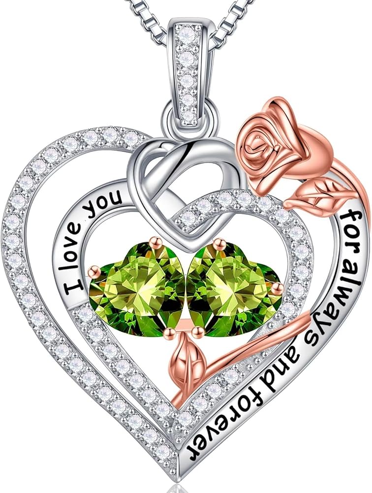 Iefil Valentines Day Gifts - 925 Sterling Silver Rose Heart Birthstone Necklace, Anniversary Birthday Gifts for Women, Jewelry Gifts for Women Her Wife Girlfriend Mom